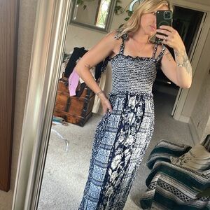 Angie Floral Boho Blue and White Sleeveless Maxi Sundress